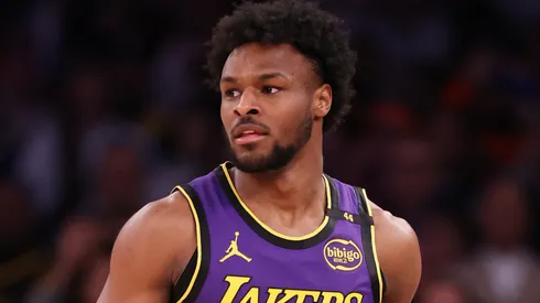 Bronny James #9 of the Los Angeles Lakers in action against the New York Knicks during their game at Madison Square Garden on February 01, 2025 in New York City.