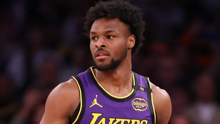 Bronny James #9 of the Los Angeles Lakers in action against the New York Knicks during their game at Madison Square Garden on February 01, 2025 in New York City.