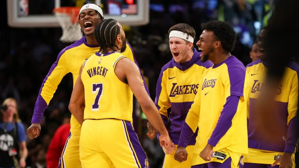 The Los Angeles Lakers react to a shot by Gabe Vincent #7 in the second half against the New York Knicks at Crypto.com Arena on March 06, 2025 in Los Angeles, California. (Photo by Meg Oliphant/Getty Images)