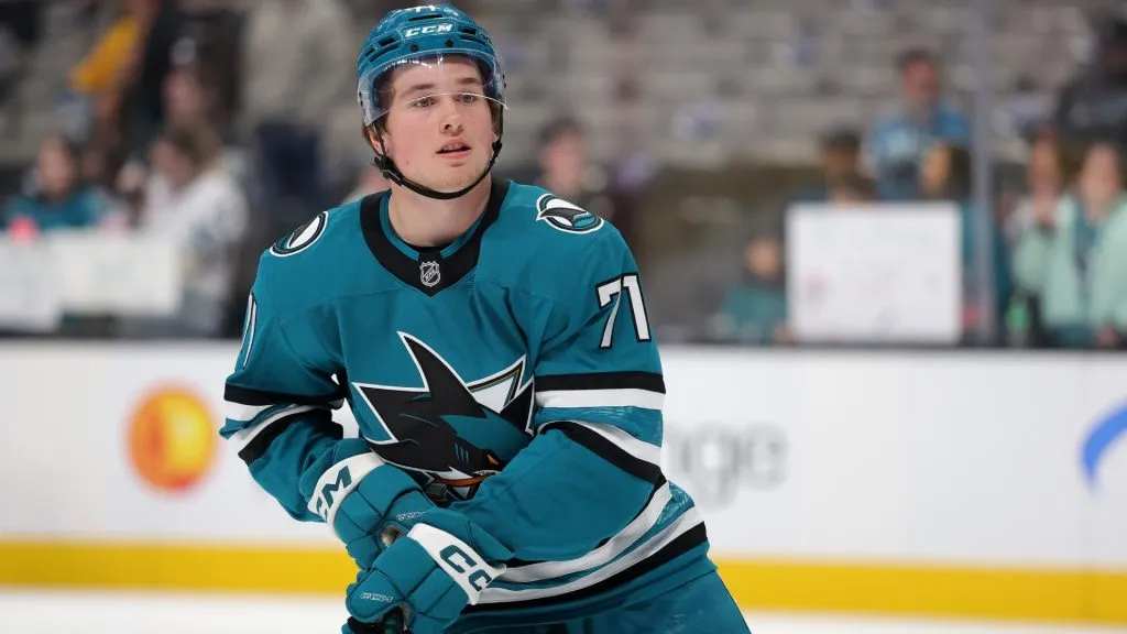 Macklin Celebrini #71 of the San Jose Sharks warms up before their game against the Nashville Predators at SAP Center on March 11, 2025 in San Jose, California. (Photo by Ezra Shaw/Getty Images)
