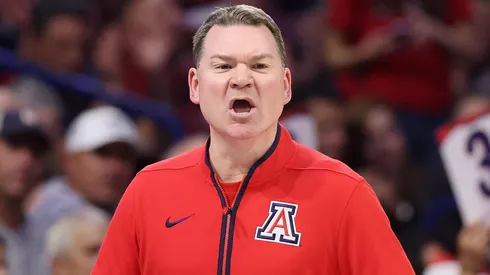 Head coach Tommy Lloyd of the Arizona Wildcats reacts during the second half of the NCAAB game at McKale Center on March 04, 2025 in Tucson, Arizona. The Wildcats defeated the Sun Devils 113-100.