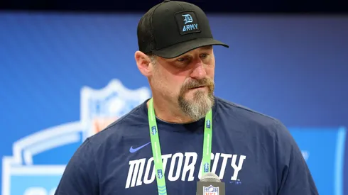 Head coach Dan Campbell of the Detroit Lions speaks to the media during the NFL Scouting Combine at the Indiana Convention Center on February 25, 2025 in Indianapolis, Indiana.