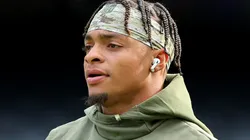 Justin Fields #1 of the Chicago Bears looks onward before his game against the Detroit Lions at Soldier Field on November 13, 2022 in Chicago, Illinois.