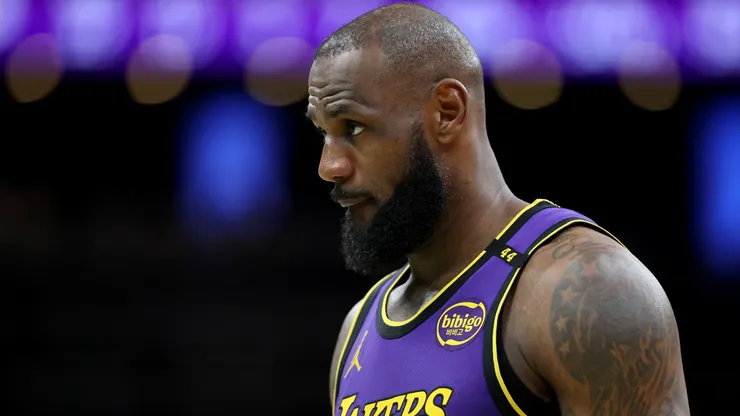 LeBron James #23 of the Los Angeles Lakers gets into position during the second half against the Boston Celtics.