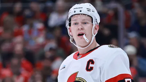 Brady Tkachuk of the Ottawa Senators looks on against the Florida Panthers during the first period at Amerant Bank Arena on February 08, 2025 in Sunrise, Florida.
