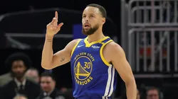 Stephen Curry #30 of the Golden State Warriors reacts after making a three-point basket against the Portland Trail Blazers during the first half at Chase Center on March 10, 2025.