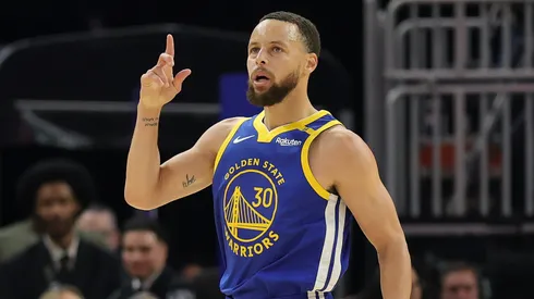 Stephen Curry #30 of the Golden State Warriors reacts after making a three-point basket against the Portland Trail Blazers during the first half at Chase Center on March 10, 2025.
