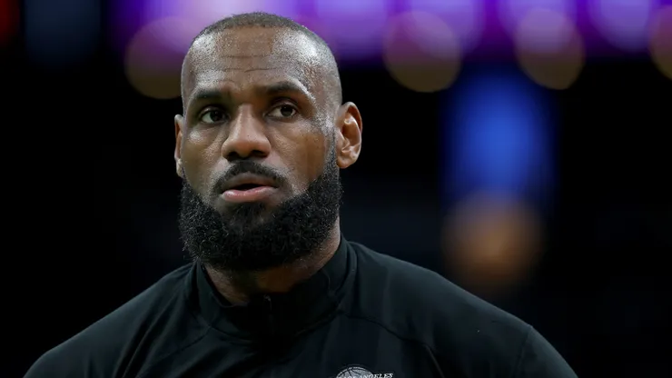 LeBron James #23 of the Los Angeles Lakers warms up before the game against the Boston Celtiagainst the Boston Celtics.