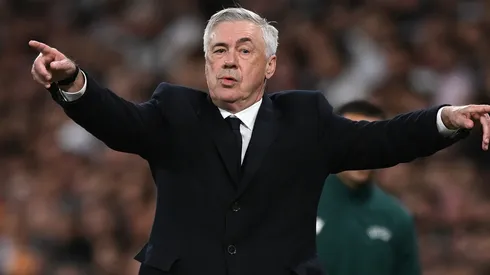 Carlo Ancelotti, Head Coach of Real Madrid, gestures during the UEFA Champions League 2024/25 UEFA Champions League 2024/25 Round of 16 first leg match between Real Madrid C.F. and Atletico de Madrid at on March 04, 2025 in Madrid, Spain.