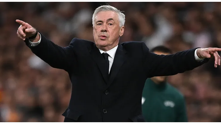 Carlo Ancelotti, Head Coach of Real Madrid, gestures during the UEFA Champions League 2024/25 UEFA Champions League 2024/25 Round of 16 first leg match between Real Madrid C.F. and Atletico de Madrid at on March 04, 2025 in Madrid, Spain.