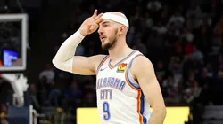 Alex Caruso #9 of the Oklahoma City Thunder celebrates his three-point basket against the Minnesota Timberwolves