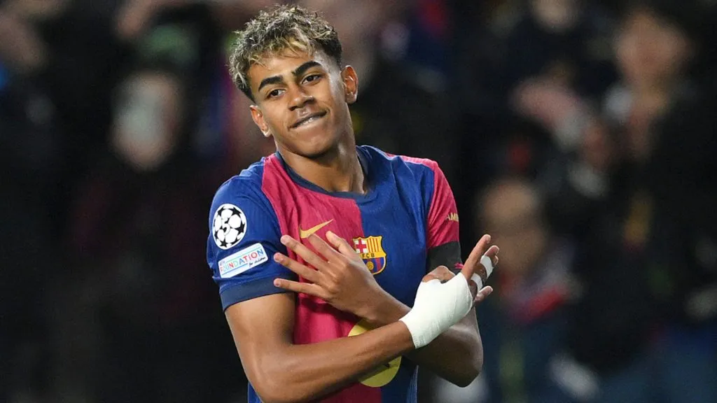 Lamine Yamal of FC Barcelona celebrates scoring his team’s second goal during the UEFA Champions League 2024/25 match between FC Barcelona and SL Benfica. (David Ramos/Getty Images)
