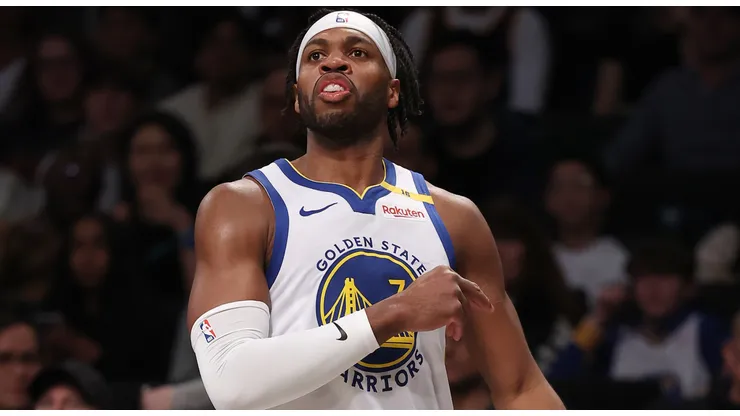 Buddy Hield #7 of the Golden State Warriors reacts after a shot in the first half against the Brooklyn Nets at Barclays Center on March 06, 2025 in the Brooklyn borough of New York City.