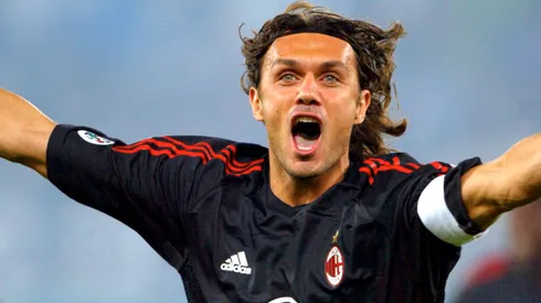 Paolo Maldini of AC Milan celebrates scoring during the Serie A match between Lazio and AC Milan at the Olympic Stadium.