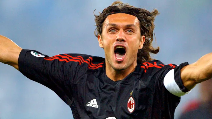 Paolo Maldini of AC Milan celebrates scoring during the Serie A match between Lazio and AC Milan at the Olympic Stadium.
