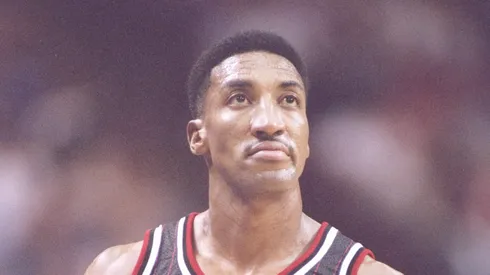 Guard Scottie Pippen of the Chicago Bulls looks on during a game against the Orlando Magic
