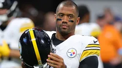 Russell Wilson #3 of the Pittsburgh Steelers warms up prior to facing the Atlanta Falcons at Mercedes-Benz Stadium on September 08, 2024 in Atlanta, Georgia.