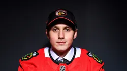 Artyom Levshunov poses for a portrait after being drafted by the Chicago Blackhawks with the second overall pick during the 2024 Upper Deck NHL Draft at Sphere on June 28, 2024 in Las Vegas, Nevada.