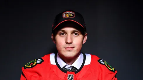 Artyom Levshunov poses for a portrait after being drafted by the Chicago Blackhawks with the second overall pick during the 2024 Upper Deck NHL Draft at Sphere on June 28, 2024 in Las Vegas, Nevada.