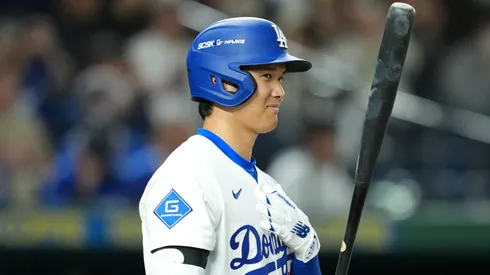 Shohei Ohtani #17 of the Los Angeles Dodgers prepares at bat in the top of the third inning against Hanshin Tigers at Tokyo Dome on March 16, 2025 in Tokyo, Japan.