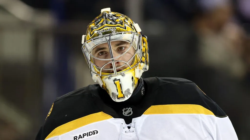 Jeremy Swayman #1 of the Boston Bruins looks on against the New York Rangers at Madison Square Garden on January 02, 2025 in New York City.