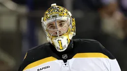 Jeremy Swayman #1 of the Boston Bruins looks on against the New York Rangers at Madison Square Garden on January 02, 2025 in New York City.