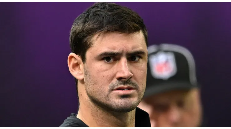Quarterback Daniel Jones of the Minnesota Vikings looks on prior to a game against the Arizona Cardinals at U.S. Bank Stadium on December 01, 2024 in Minneapolis, Minnesota.