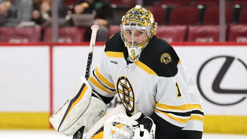 Jeremy Swayman #1 of the Boston Bruins warms up prior to the game against the Chicago Blackhawks at the United Center on December 04, 2024 in Chicago, Illinois.