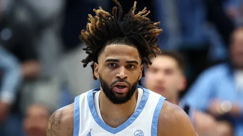 RJ Davis #4 of the North Carolina Tar Heels runs the court during the first half of the game against the Duke Blue Devils at Dean E. Smith Center on March 08, 2025 in Chapel Hill, North Carolina.