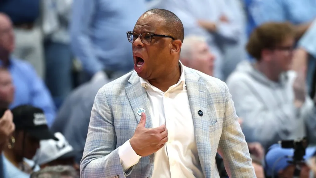 Head coach Hubert Davis of the North Carolina Tar Heels reacts during the first half of the game against the Duke Blue Devils at Dean E. Smith Center on March 08, 2025 in Chapel Hill, North Carolina.
