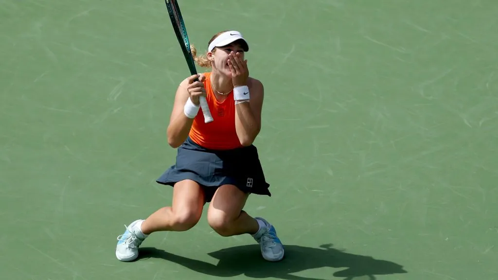 Mirra Andreeva celebrates match point against Aryna Sabalenka at Indian Wells (Matthew Stockman/Getty Images)