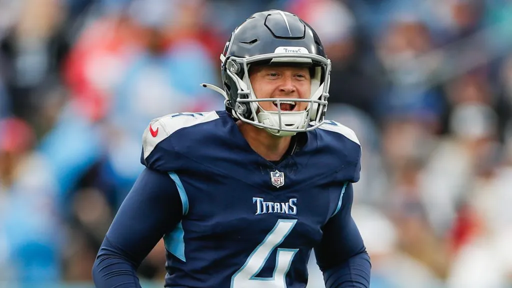 Ryan Stonehouse #4 of the Tennessee Titans reacts after a field goal during the second quarter against the Carolina Panthers at Nissan Stadium on November 26, 2023 in Nashville, Tennessee.