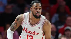 J'Wan Roberts #13 of the Houston Cougars handles the ball against the TCU Horned Frogs during the second half at Fertitta Center on January 06, 2025 in Houston, Texas.