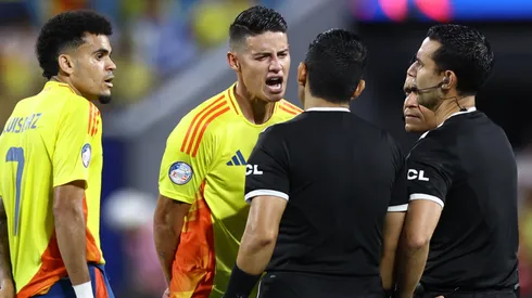 Luis Diaz (L) and James Rodriguez of Colombia argue with referees during the CONMEBOL Copa America 2024 semifinal match between Uruguay and Colombia at Bank of America Stadium on July 10, 2024 in Charlotte, North Carolina.