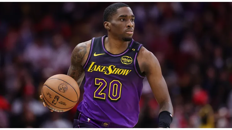 Shake Milton #20 of the Los Angeles Lakers handles the ball against the Houston Rockets during the first half at Toyota Center on January 05, 2025 in Houston, Texas.