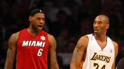 LeBron James #6 of the Miami Heat exchanges words with Kobe Bryant #24 of the Los Angeles Lakers