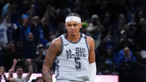 Paolo Banchero #5 of the Orlando Magic reacts after scoring against the San Antonio Spurs during the fourth quarter