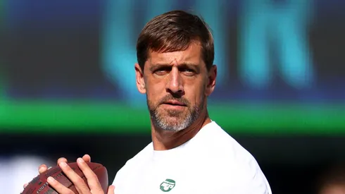 Aaron Rodgers #8 of the New York Jets warms up prior to the game against the New York Giants at MetLife Stadium on August 26, 2023 in East Rutherford, New Jersey.