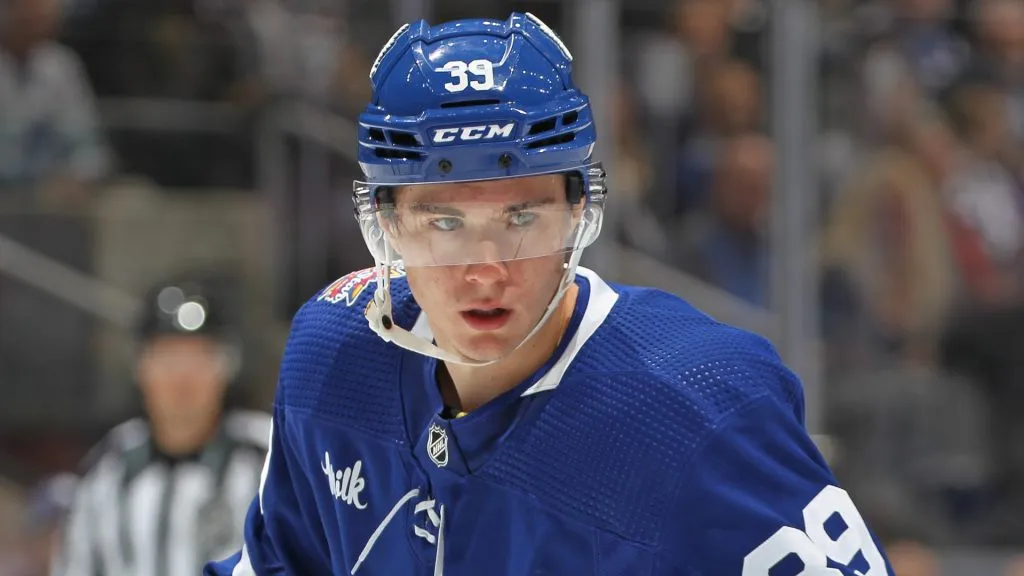Fraser Minten #39 of the Toronto Maple Leafs skates against the Chicago Blackhawks during the second period in an NHL game at Scotiabank Arena on October 16, 2023 in Toronto, Ontario, Canada. The Blackhawks defeated the Maple Leafs 4-1.