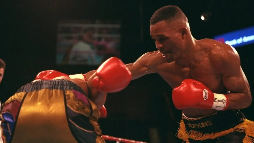 Bernard Hopkins lands a blow on Joe Lipsey during a bout in 1996. (Source: Al Bello /Allsport)