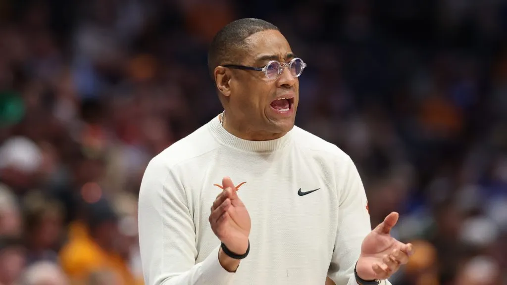 Rodney Terry the head coach of the Texas Longhorns gives instructions to his team against the Tennessee Volunteers during the SEC Men’s Basketball Tournament – Quarterfinals at Bridgestone Arena on March 14, 2025 in Nashville, Tennessee. at Bridgestone Arena on March 14, 2025 in Nashville, Tennessee.