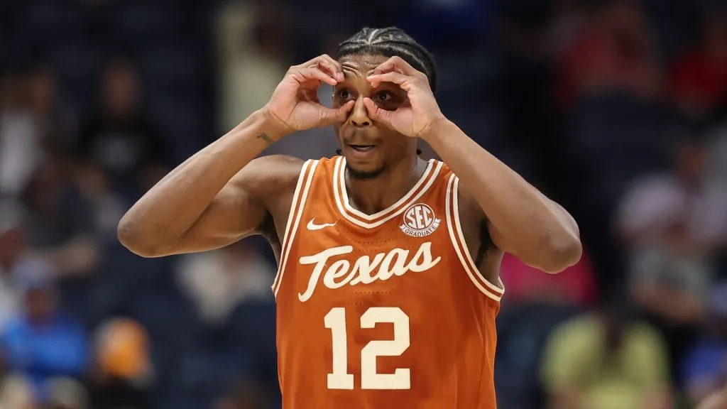Tramon Mark #12 of the Texas Longhorns celebrates after a made three point shot against the Texas A&amp;M Aggies during the SEC Men’s Basketball Tournament – First Round at Bridgestone Arena on March 12, 2025 in Nashville, Tennessee.