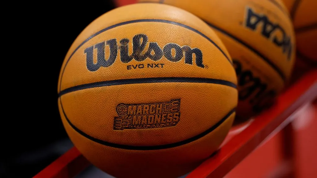 A detail view of a Wilson basketball with the March Madness logo before game between the Wisconsin Badgers and Penn State Nittany Lions at Kohl Center on March 08, 2025. (Source: John Fisher/Getty Images)