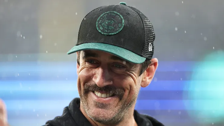 Aaron Rodgers reacts prior to a game against the New York Giants at MetLife Stadium on October 29, 2023 in East Rutherford, New Jersey.
