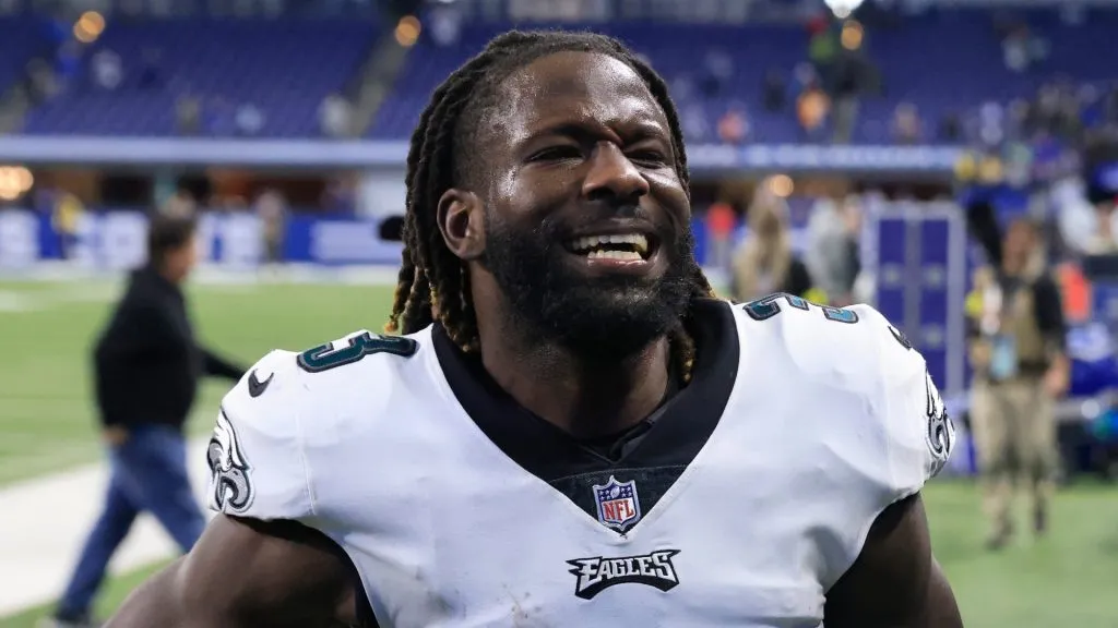 Zach Pascal #3 of the Philadelphia Eagles celebrates after his team's 17-16 win against the Indianapolis Colts at Lucas Oil Stadium on November 20, 2022 in Indianapolis, Indiana.