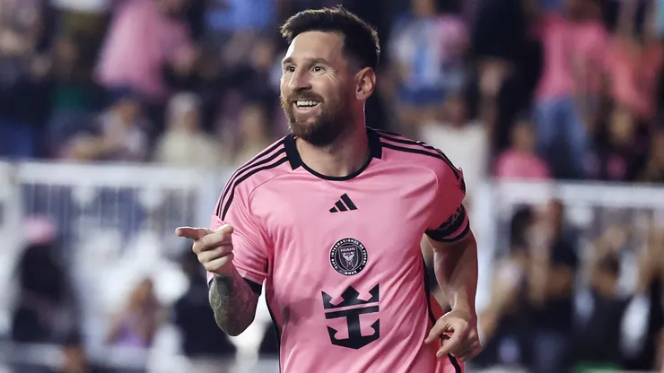 Lionel Messi #10 celebrates after scoring a goal for Inter Miami.