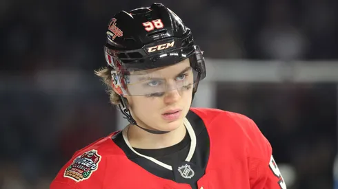 Connor Bedard #98 of the Chicago Blackhawks reacts after a 6-2 loss against the St. Louis Blues in the 2024 NHL Winter Classic at Wrigley Field on December 31, 2024 in Chicago, Illinois.