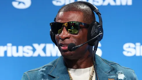 Deion Sanders speaks on SiriusXM on radio row at Super Bowl LIX on February 07, 2025 in New Orleans, Louisiana.