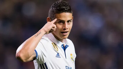 James Rodriguez of Real Madrid celebrates after scoring his team's fourth goal during the La Liga match between RC Deportivo La Coruna and Real Madrid at Riazor Stadium on April 26, 2017 in La Coruna, Spain.