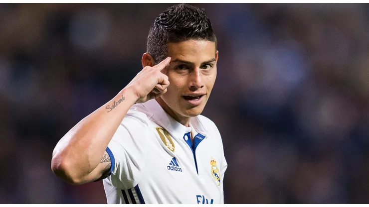 James Rodriguez of Real Madrid celebrates after scoring his team's fourth goal during the La Liga match between RC Deportivo La Coruna and Real Madrid at Riazor Stadium on April 26, 2017 in La Coruna, Spain.